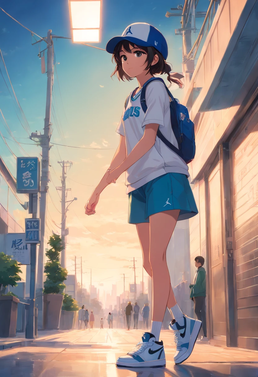 1girl with baseball cap and with a tall Air Jordan 1, vestida de colegiala 4k super detallado obra de arte