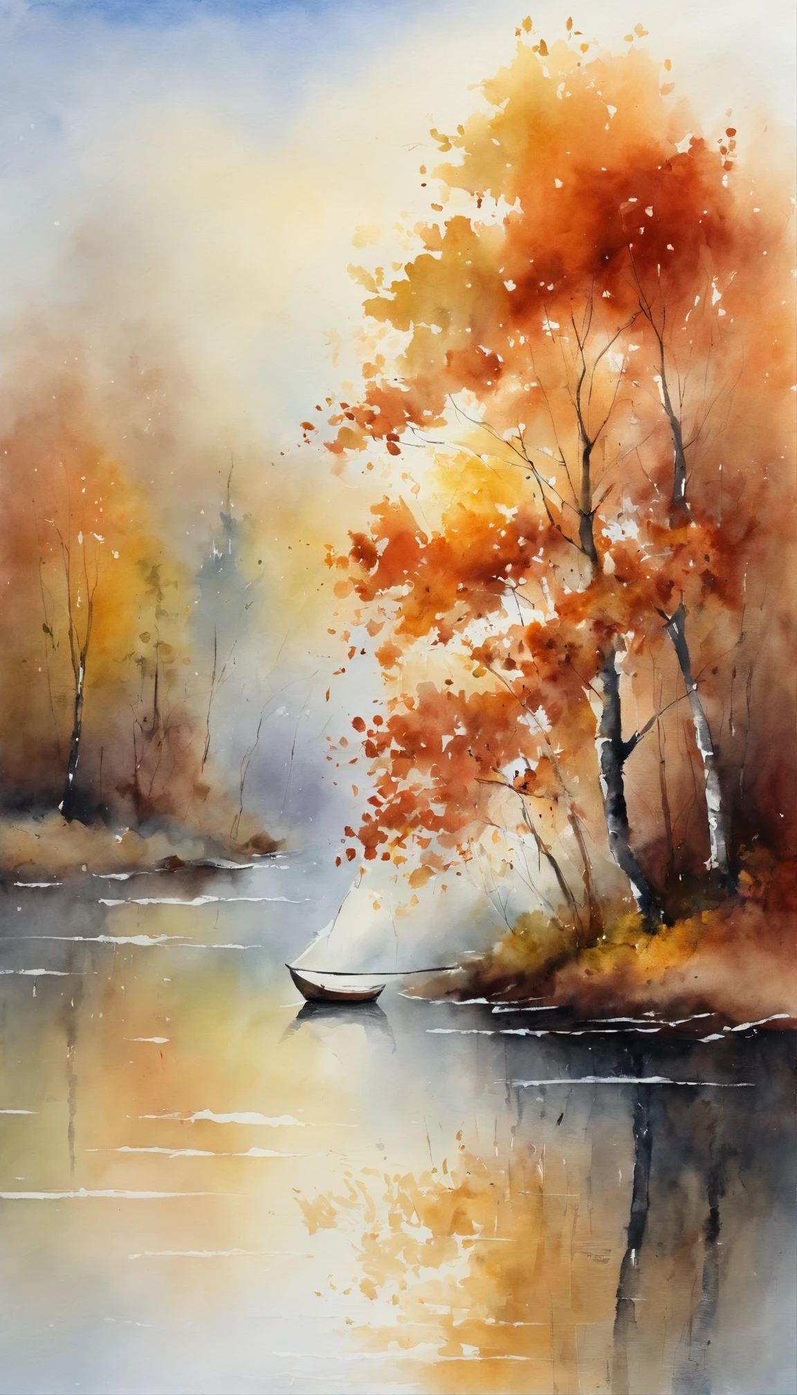 tmasterpiece, top-quality, high detal, Impressionism, Autumn morning, Cruise along the lake in the morning mist, haze, Cinematic light,