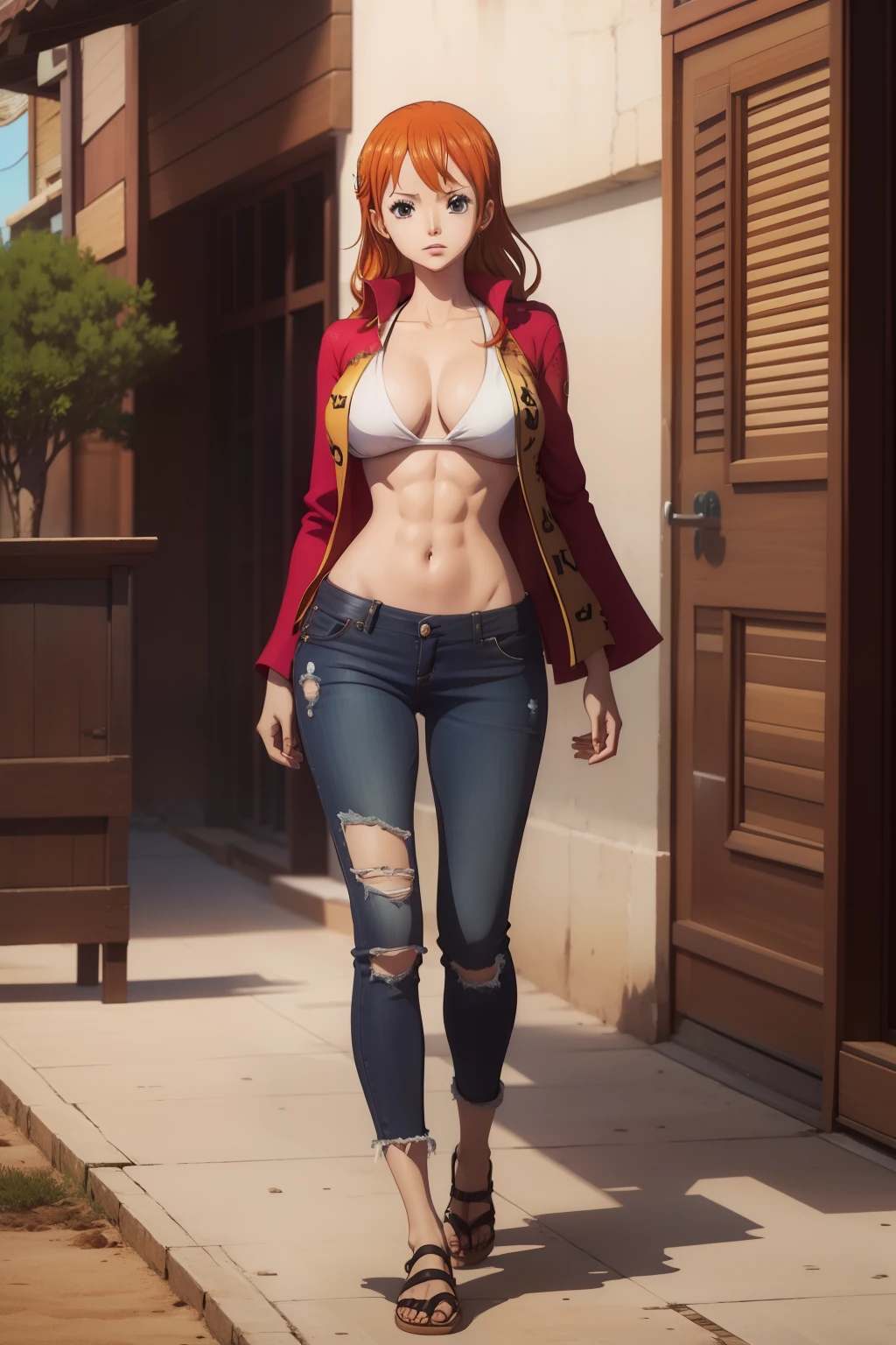 One piece nami, big boobs, toned abs, skinny, highly detailed, full body
