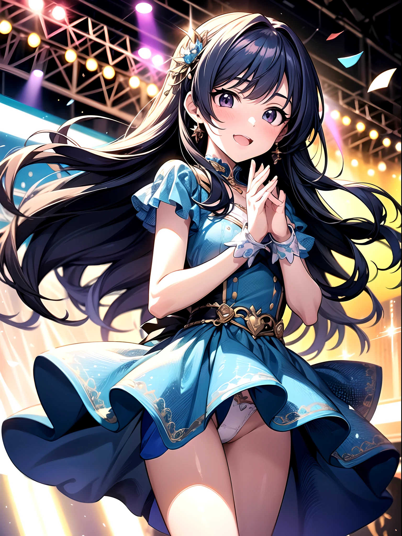 Idol girl in bright dress dancing on stage with confetti, Long blue hair、 Black eyes、sparkling magical girl, Best Anime 4K、anime moe art style, Detailed key anime art, official artwork, idolmaster, Cute, Gorgeous and cute dresses、Hands up、jumpping、white panty