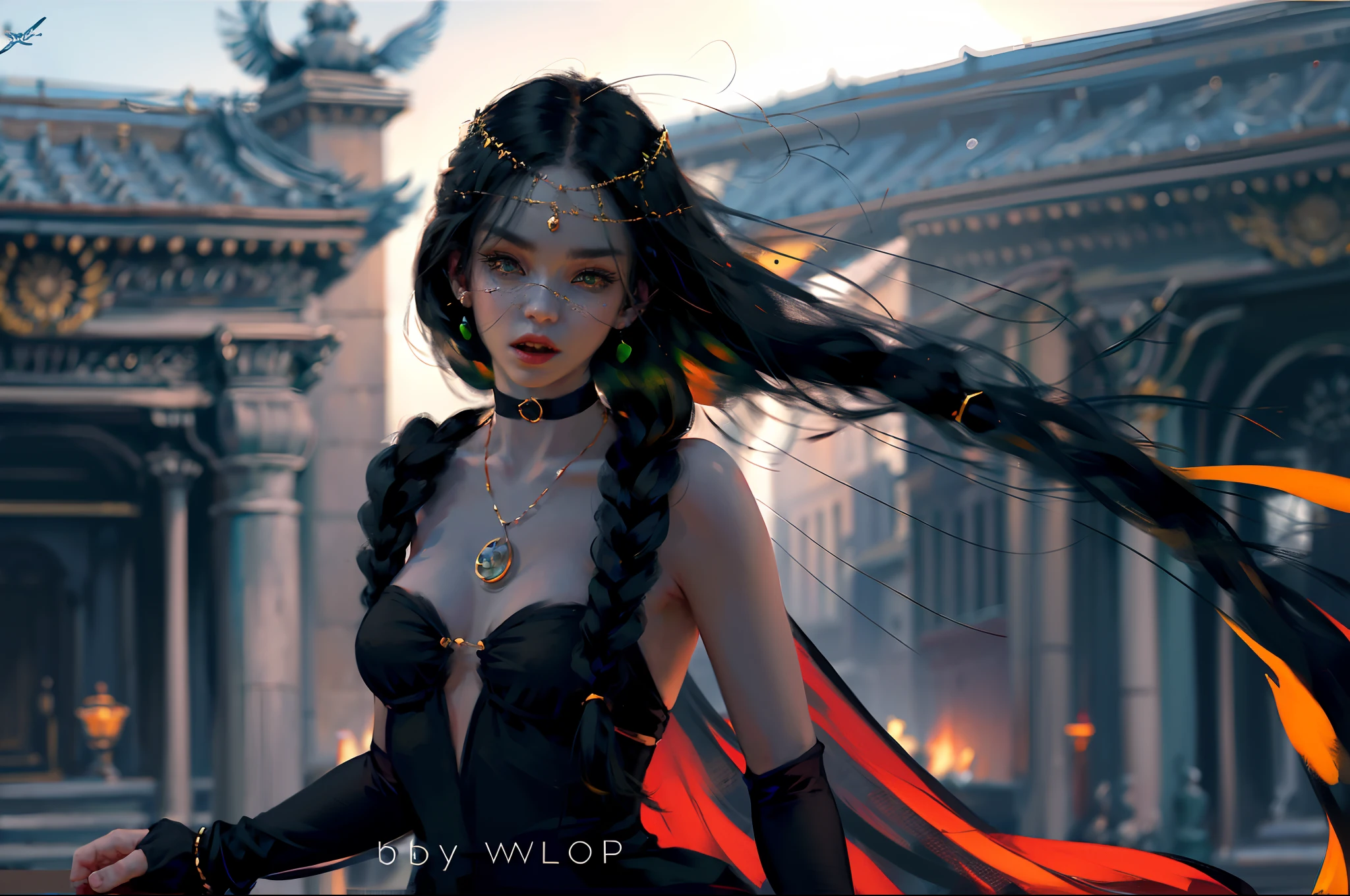 1girl, 独奏, Long hair, looking a viewer, open mouth, black hair, Dress, Jewelry, Green eyes, upper-body, earings, parted lips, teeth, Choker, artist name, Hand Up, necklace, Black Dress, A bracelet, lips, Floating hair, watermark, circlet, the wind, gemstone, web address, freckles, circlet, red-lips, Head chain,
 Heterochromia, blurred background, foggy background, (rim light:1.2), (back light:1.2), crepuscular ray,