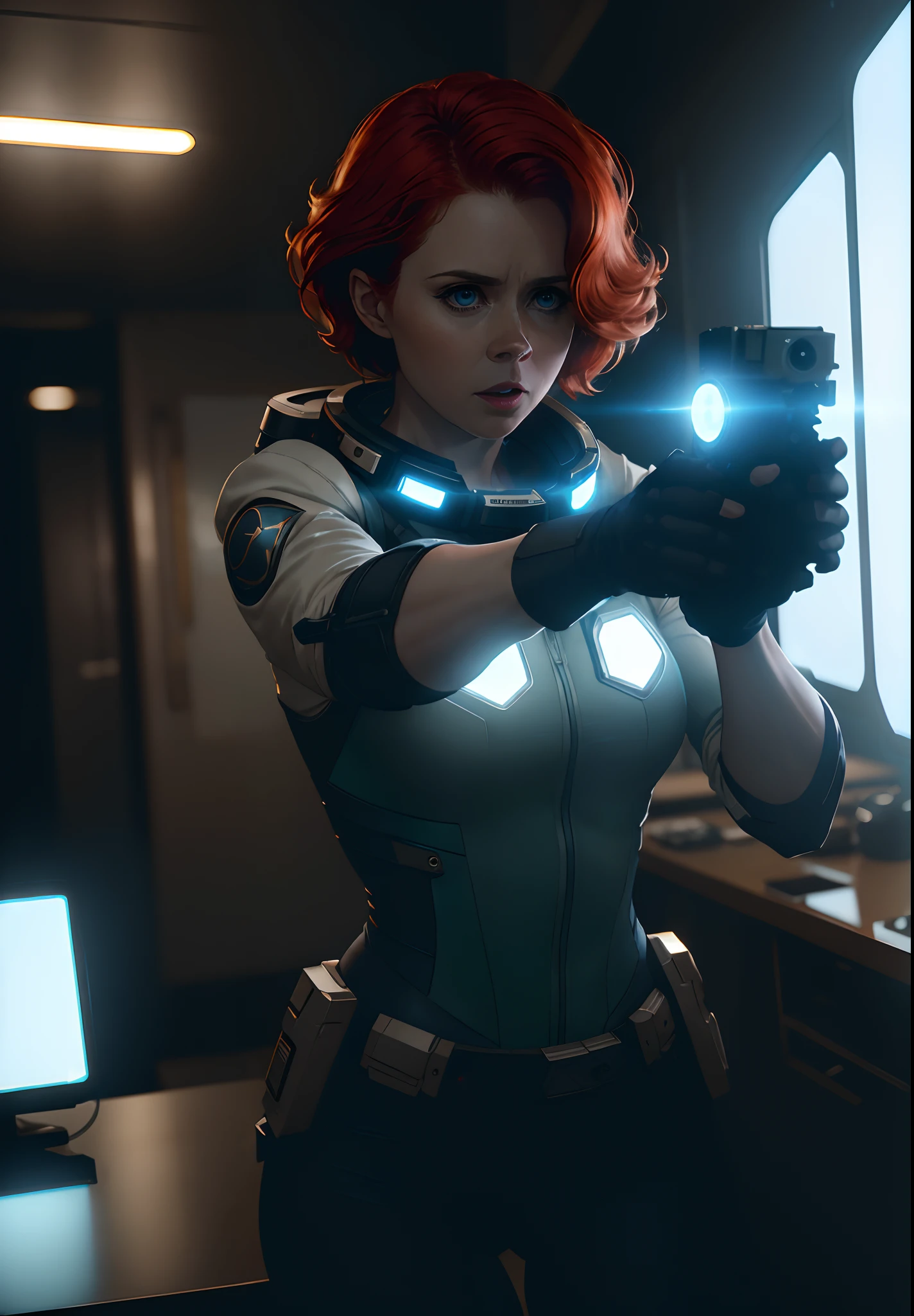Hot terrified Sci fi Amy Adams with short hair holding a sci fi pistol on Ishimura Horror Space Ship photography, natural light, photorealism, cinematic rendering, ray tracing, the highest quality, the highest detail, Cinematic, Third-Person View, Blur Effect, Long Exposure, 8K, Ultra-HD, Natural Lighting, Moody Lighting, Cinematic Lighting