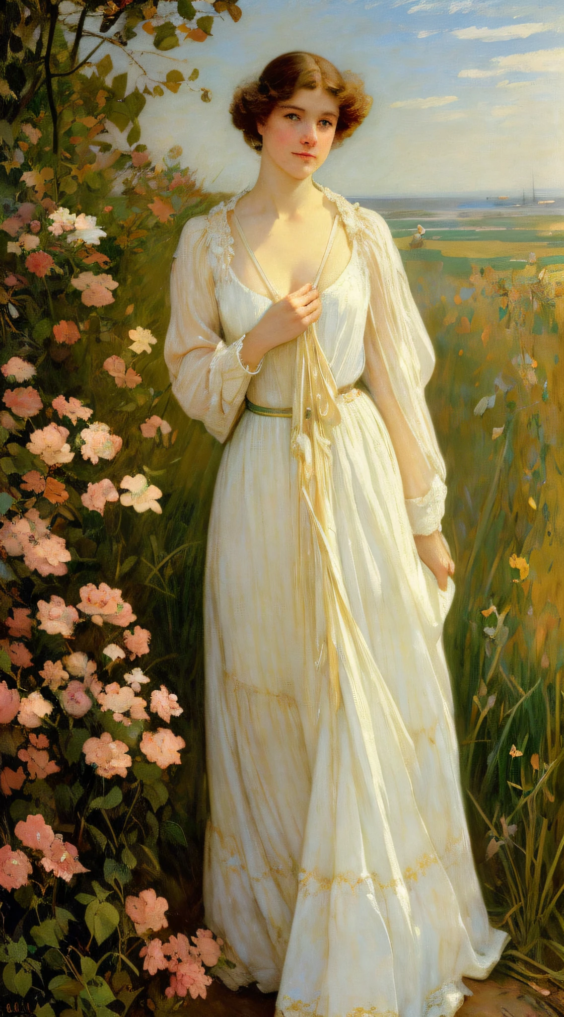 elizabeth shippen green/pissarro/joaquin sorolla/Daniel F Gerhartz, (slutty mistress, faded, facing viewer, line weight, portrait of a beautiful woman, flat chest, soft lips, detailed face), masterpiece, highly detailed, elegant, intricate, splash art, by Warwick Goble and Arthur Rackham and Sir John Tenniel and John Bauer, digital art trending on artstation