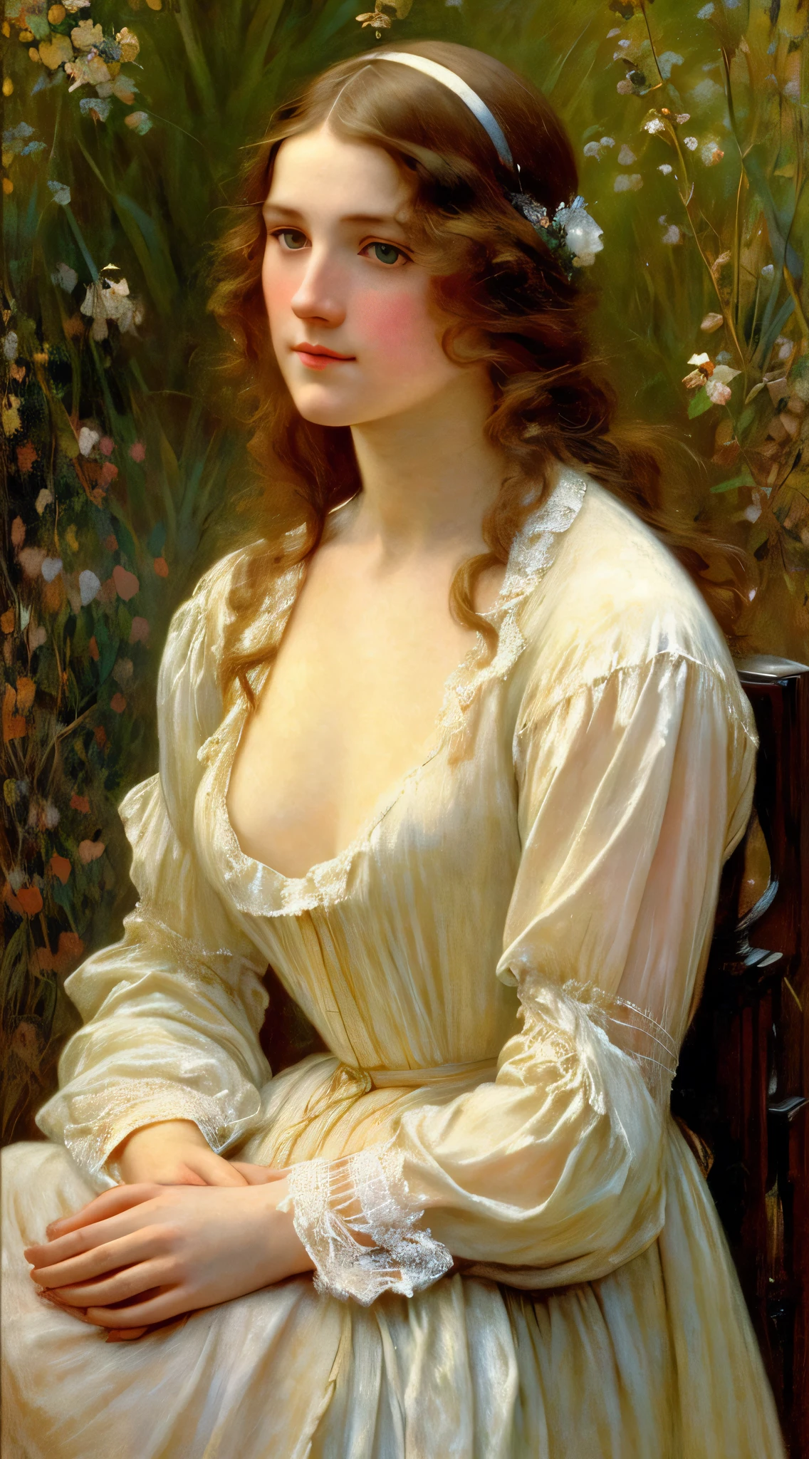 elizabeth shippen green/pissarro/joaquin sorolla/Daniel F Gerhartz, (slutty mistress, faded, facing viewer, line weight, portrait of a beautiful woman, flat chest, soft lips, detailed face), masterpiece, highly detailed, elegant, intricate, splash art, by Warwick Goble and Arthur Rackham and Sir John Tenniel and John Bauer, digital art trending on artstation