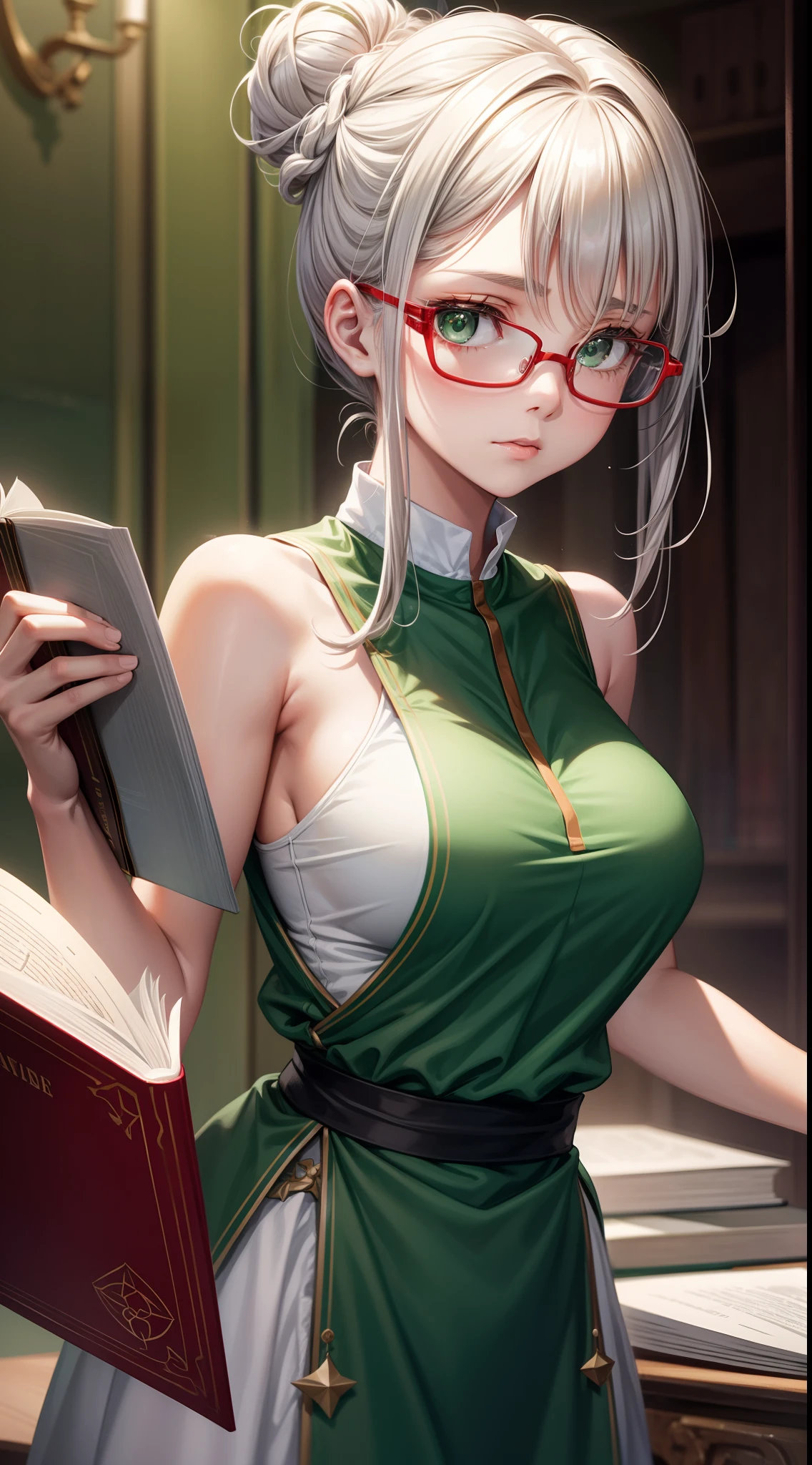 1 girl, beautiful girl, cute girl and idol face, smile, short and bob cut hair, shiny silver hair, antenna hair , beautiful green, eyes, white skin, beautiful body, black-rimmed glasses, Japanese High School Girls' completely nude, bedroom