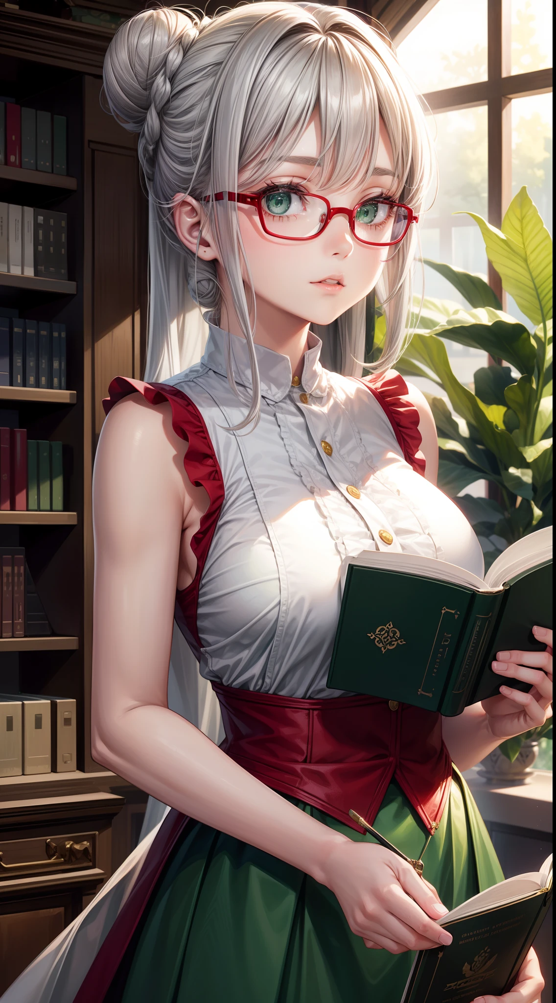 young girl, Gray hair in one bun, Green eyes, red glasses, Green Science Dress, White Elements, Sleeveless, open breasts, book, Masterpiece, hiquality, high detail, HD, 4k