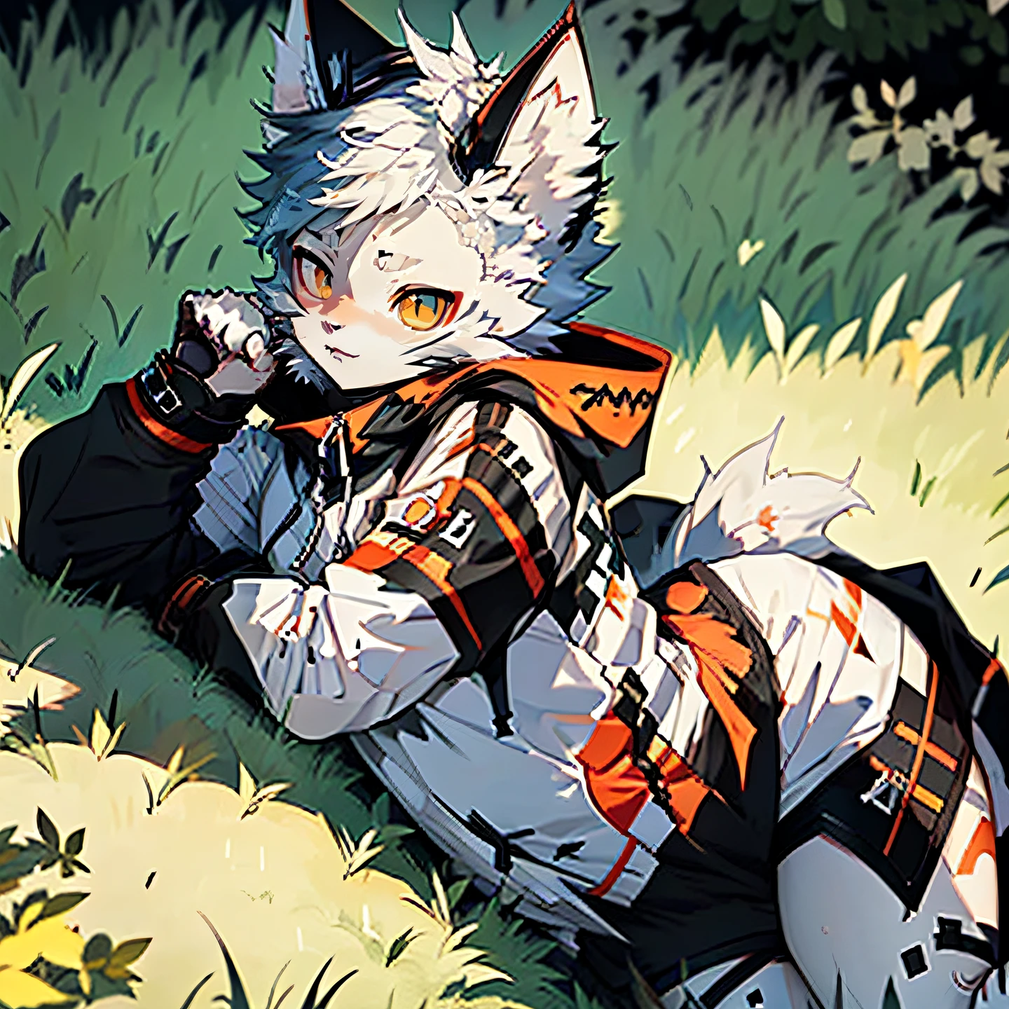 white color hair，cat ear，quadratic element，anime big breast，Blackn clothes，Red hair cord，horse tailed，Thick coating，lying on the grass ground