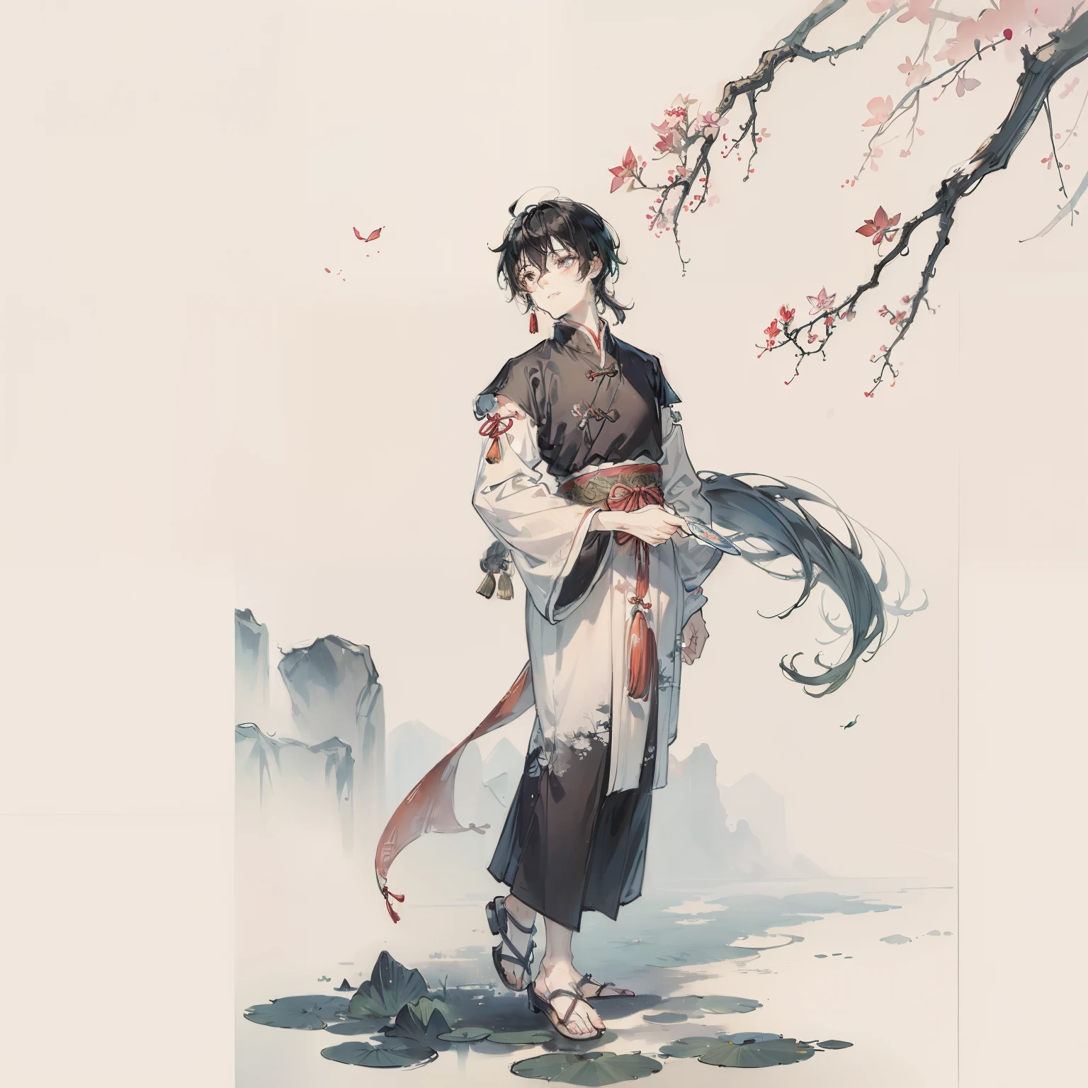((4K,Masterpiece,Best quality)), shuimobysim, Traditional Chinese Ink Painting, Lotus,  Hanfu, maxikit, Dress conservatively
1 Boy, Solo, Black hair, Be proud, The boy stands, Feet on the ground，having fun
