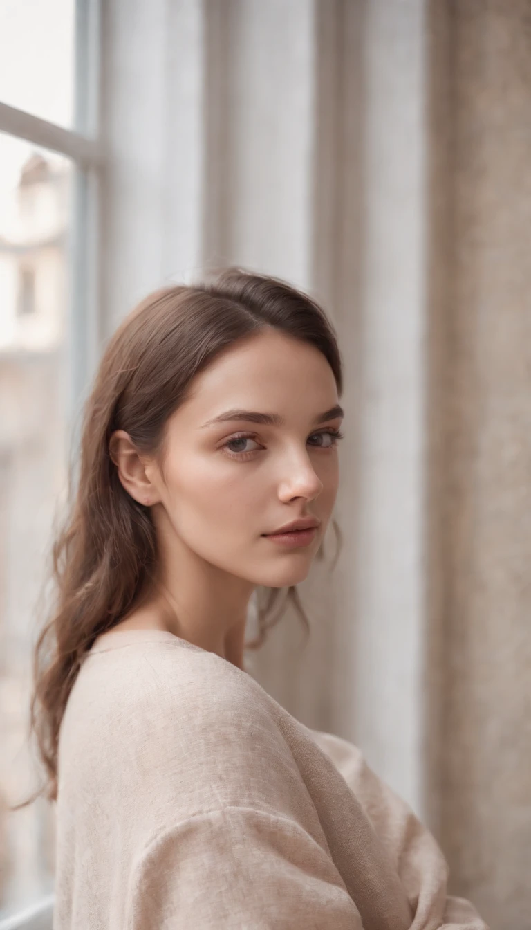 young woman in oversized clothes, casual and relaxed mood, leaning against the wall, side shot, pastel colors, softened natural lighting, half length shot, high quality photo.