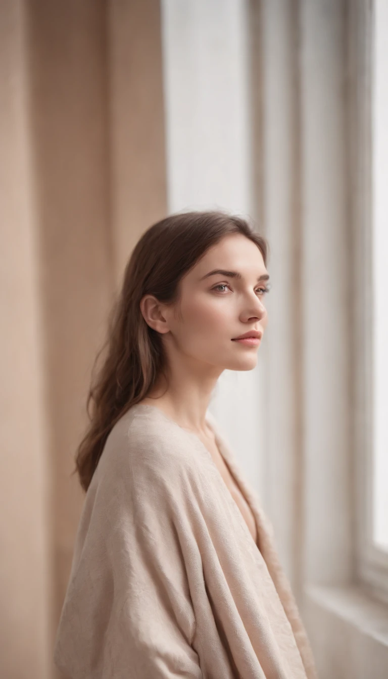 young woman in oversized clothes, casual and relaxed mood, leaning against the wall, side shot, pastel colors, softened natural lighting, half length shot, high quality photo.