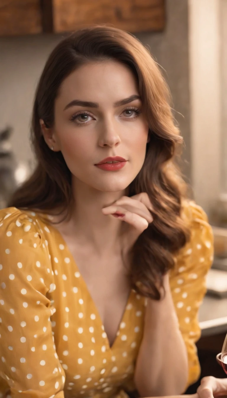 woman in retro yellow polka dot dress, sitting at kitchen counter, bored attitude, glass of wine in hand, high angle shot, close up shot, spot light, high quality photo
