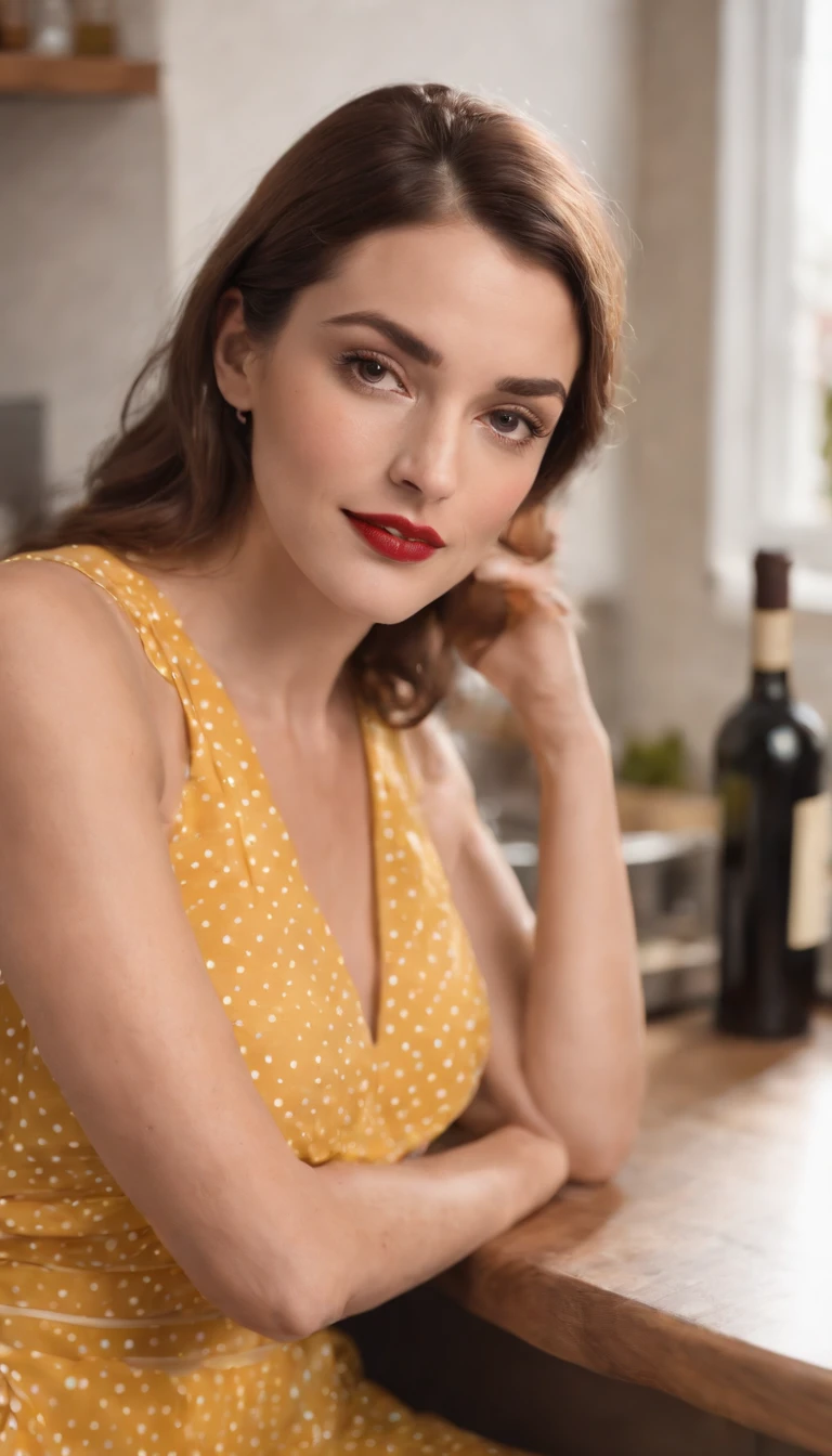 woman in retro yellow polka dot dress, sitting at kitchen counter, bored attitude, glass of wine in hand, high angle shot, close up shot, spot light, high quality photo