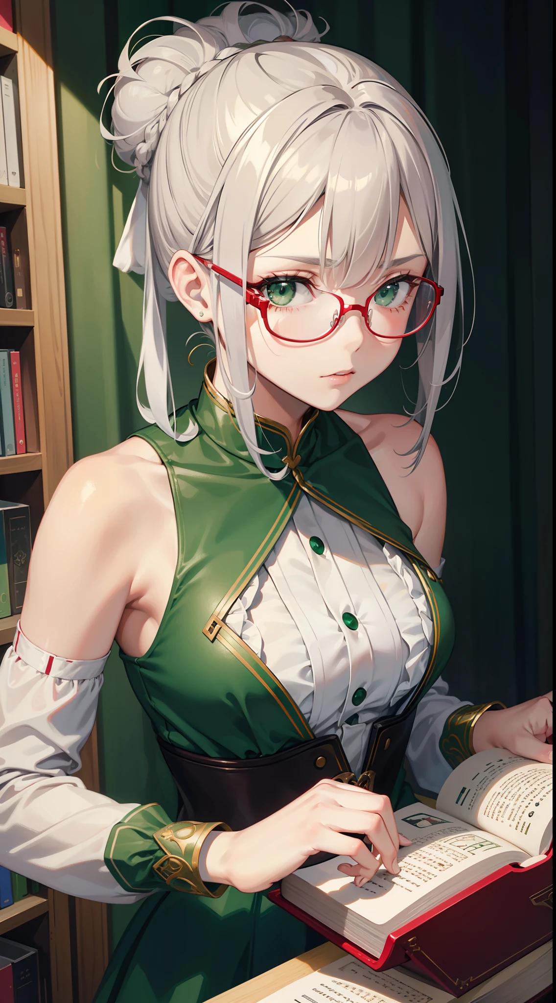 young girl, Gray hair in one bun, Green eyes, red glasses, Green Science Dress, White Elements, Sleeveless, open breasts, book, Masterpiece, hiquality, high detail, HD, 4k