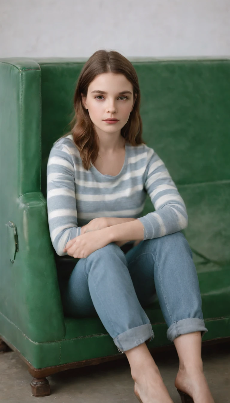 young girl in jeans sitting on a green television by maryann coady, in the style of sean scully, mary jane ansell, genderless, photo taken with fujifilm superia, bold curves, light white and white, industrial chic