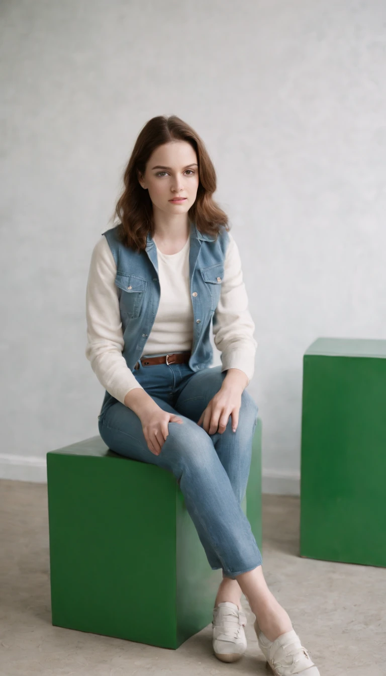 young girl in jeans sitting on a green television by maryann coady, in the style of sean scully, mary jane ansell, genderless, photo taken with fujifilm superia, bold curves, light white and white, industrial chic