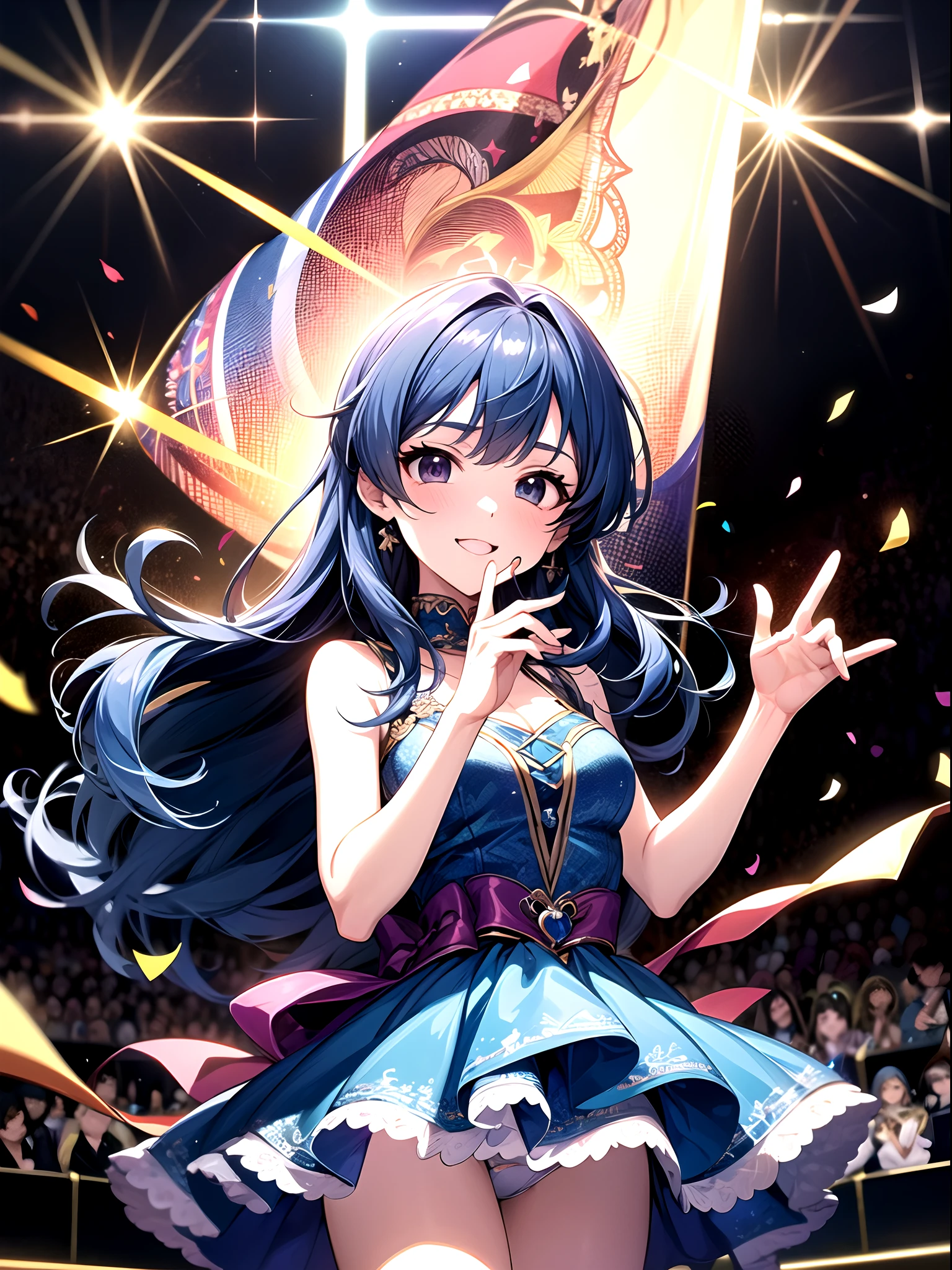 Idol girl in bright dress dancing on stage with confetti, Long blue hair、 Black eyes、sparkling magical girl, Best Anime 4K、anime moe art style, Detailed key anime art, official artwork, idolmaster, Cute, Gorgeous and cute dresses、Hands up、jumpping、white panty