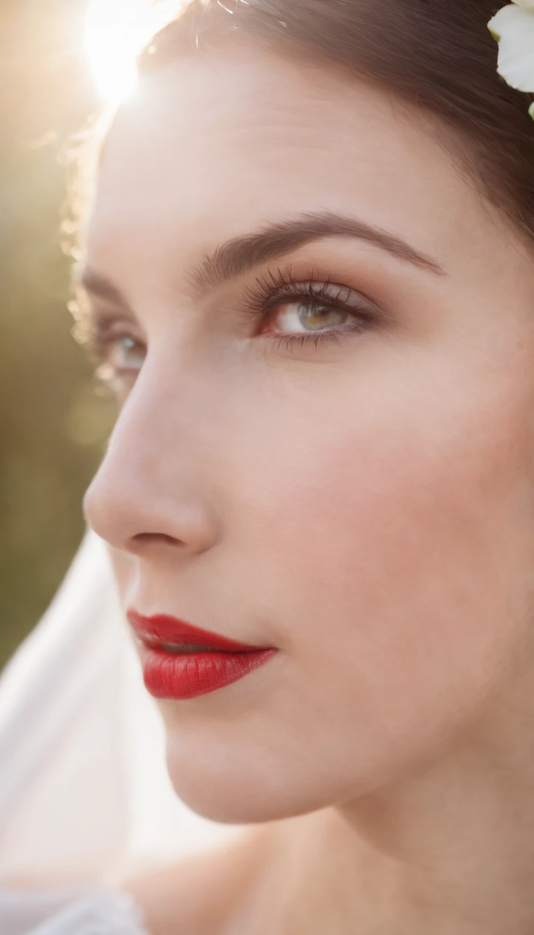woman with a white blanket blouse, hair painted white, with a red flower in front of her covering one eye and part of her face, natural sunlight, close up framing her face, light colors, bokeh style, in the style of ultrafine detail, high quality photo. --ar 2:3 --v 5