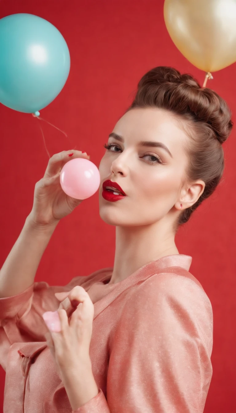 happy woman with vintage hairstyle wearing retro clothes, blowing bubble gum, on red background in studio, vibrant colors, bokeh style, in the style of ultrafine detail, high quality photo, medium close up