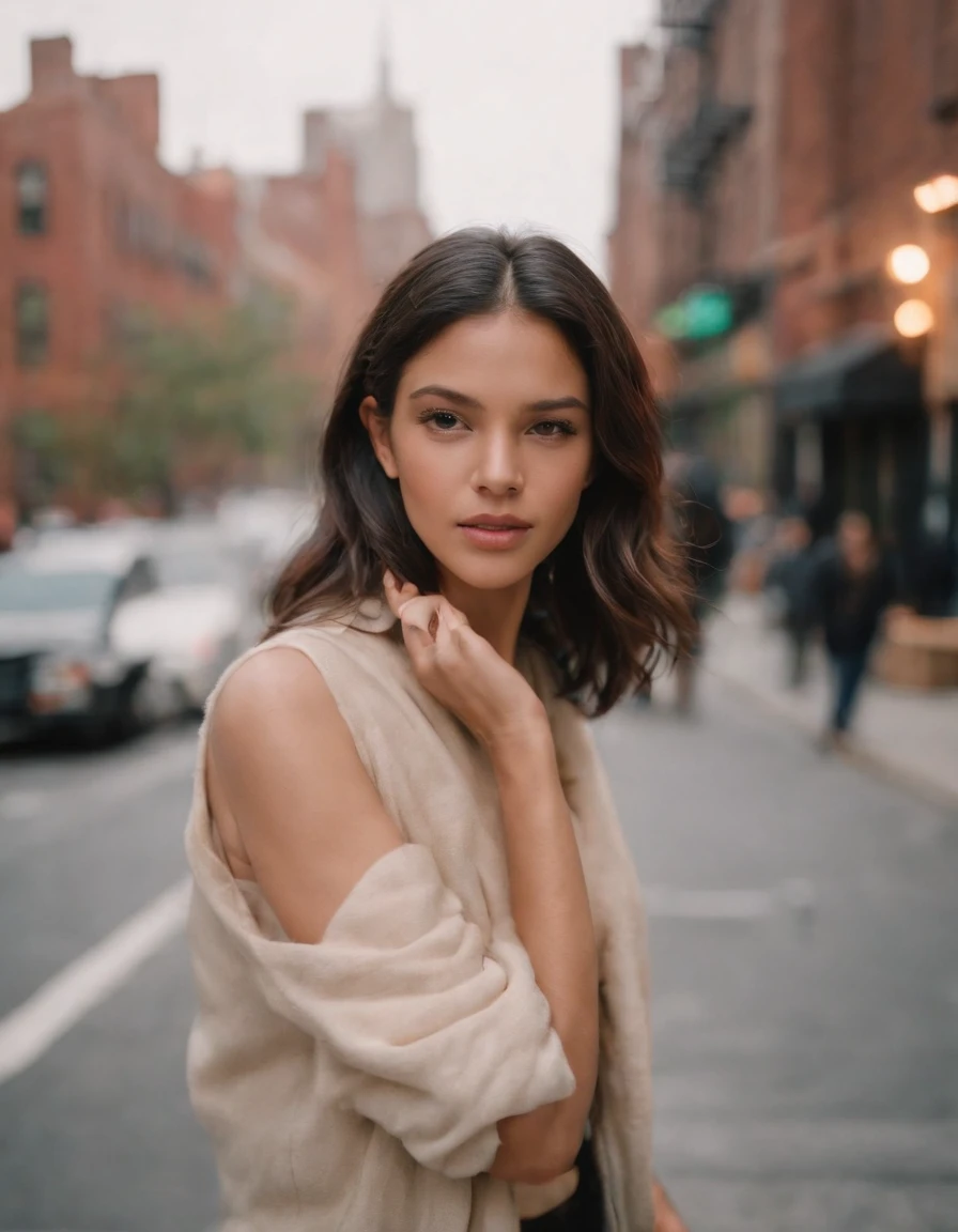 travellers, in the style of rap aesthetics, girl，New York, USA ，make for a memorable photo.      The background is grandiose Williamsburg，photo taken with fujifilm superia, charly amani, oversized portraits, babycore, upper body