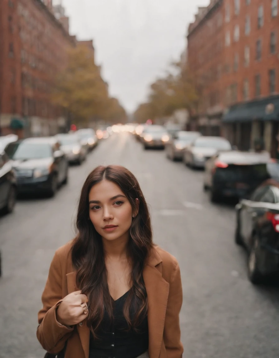 travellers, in the style of rap aesthetics, girl,New York, USA ,make for a memorable photo. The background is grandiose Williamsburg,photo taken with fujifilm superia, charly amani, oversized portraits, babycore, upper body