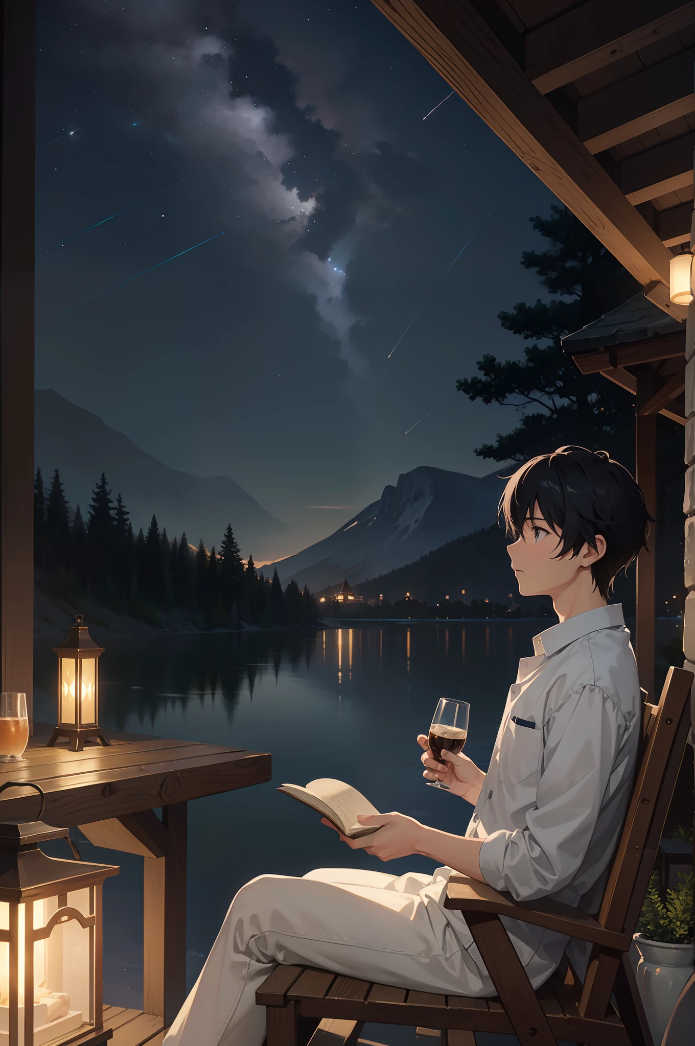 Create exquisite illustrations reminiscent of Makoto Shinkai's style, It has ultra-fine details and top-notch quality. Create illustrations set in a lakeside lodge on a quiet night. Under Soft, The ethereal glow of lodge lighting, Man sitting on the terrace, Drink coffee while obsessed with books. Warm light creates a nostalgic and dreamy atmosphere in the lakeside environment. The serene beauty of the lakeside, Sparkling water reflects the starry sky, Adds to the charm of the moment. Ambient lighting、The atmosphere is calm、Produces an almost surreal quality, The ideal place for solitary contemplation. The man's face reflects serenity and satisfaction, Capture a moment of quiet reflection、Escape from the outside world