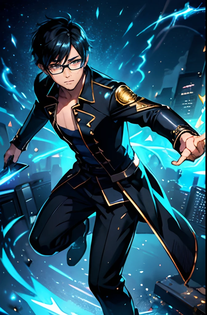 Asian Boy, Short Hair, Black Hair, ((gorgeous sky background)), ((ultra-detailed)), ((best illustration)), ((cinematic lighting)), dynamic angle, floating, finely detailed, (glitter:1.2), (bolt:1.2), (shine:1.2), classic, (painting:1.1), (sketch:1.1), (best quality), (masterpiece:1.2), (anime style), (solo), handsome detailed face, (handsome face:1.3), (medium eyes:1.3), eye glasses, black hair, (short hair:1.2), (casual outfit), pants, detailed outfit, (computer:1.3), (shine effects:1.3), (flowing light:1.2), (mantle), (boots:1.1), (great fabric:1.1), (spark:1.2), (glow:1.2), (radiance:1.2), (flicker:1.2), (dazzle:1.2) --auto