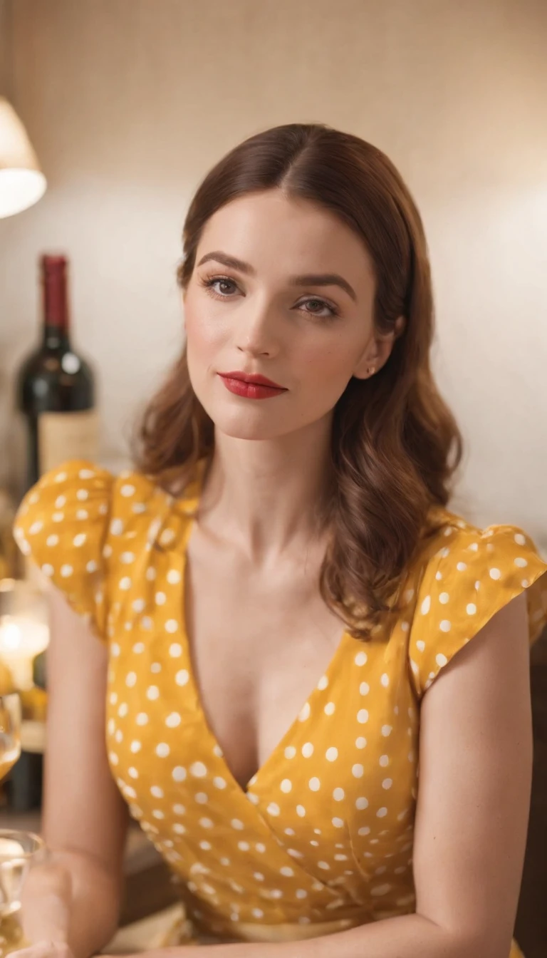 woman in retro yellow polka dot dress, sitting at kitchen counter, bored attitude, glass of wine in hand, high angle shot, close up shot, spot light, high quality photo,medium shot