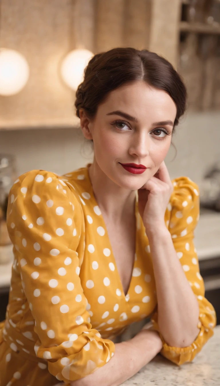 woman in retro yellow polka dot dress, sitting at kitchen counter, bored attitude, glass of wine in hand, high angle shot, close up shot, spot light, high quality photo,medium shot