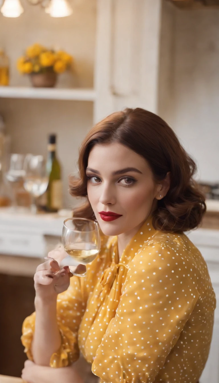 woman in retro yellow polka dot dress, sitting at kitchen counter, bored attitude, glass of wine in hand, high angle shot, close up shot, spot light, high quality photo,medium shot