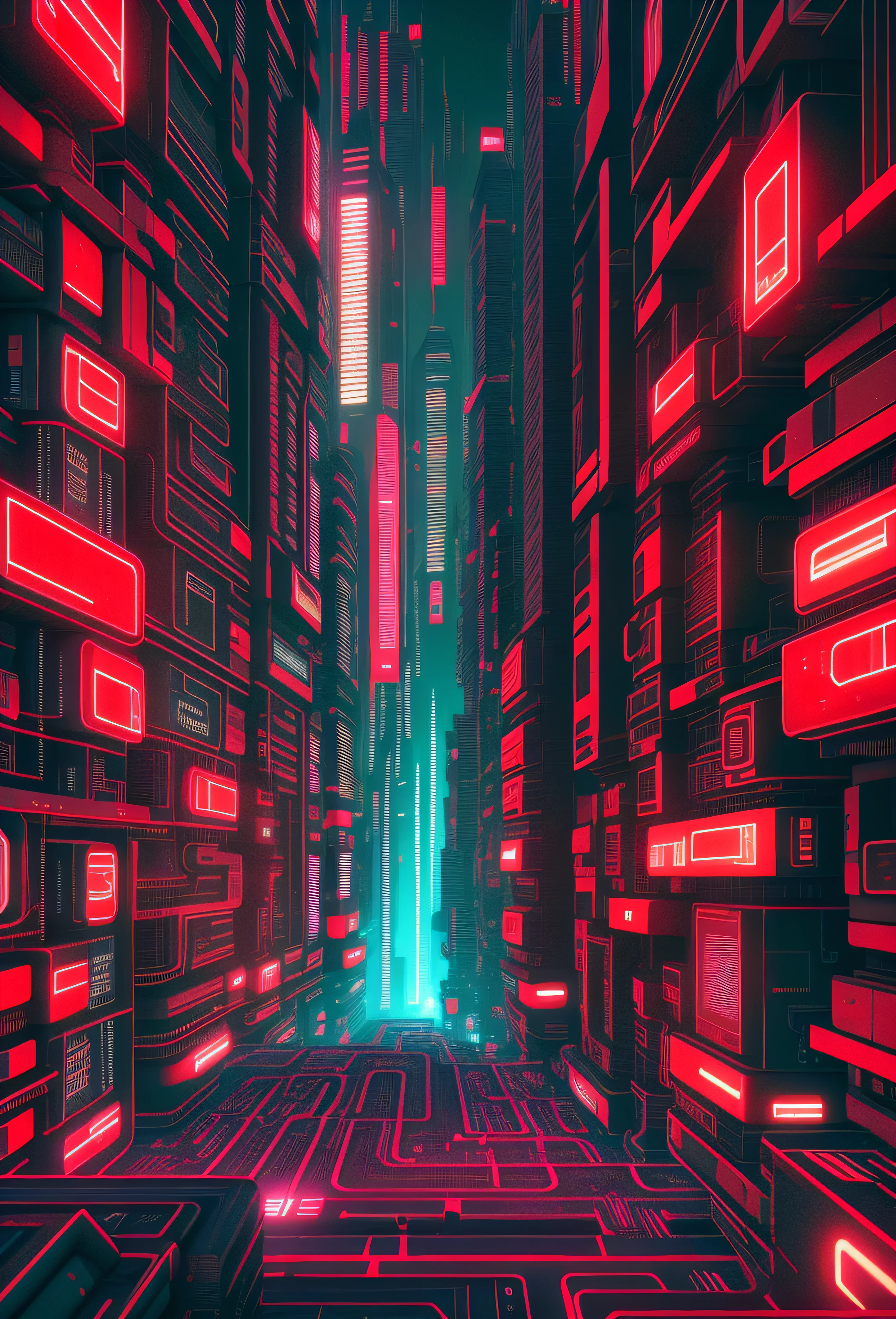 Close-up of red and black digital city，There is a light at the end, 3d abstract render overlayed, background of digital greebles, intricate abstract. Cyberpunk, abstract tech, futuristic digital art, surreal cyberspace, style hybrid mix of beeple, cybernetic city background, Cyberpunk background, 3 d render beeple