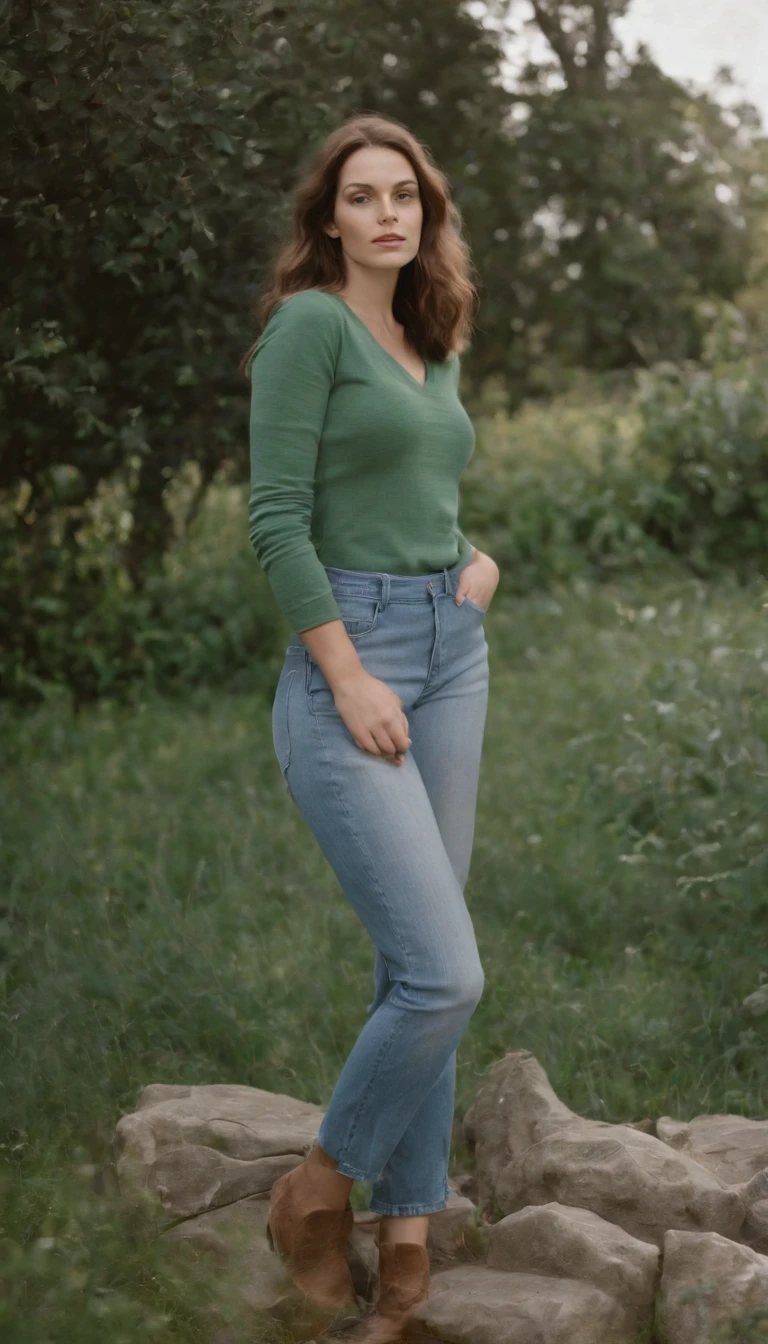 young girl in jeans sitting on a green television by maryann coady, in the style of sean scully, mary jane ansell, genderless, photo taken with fujifilm superia, bold curves, light white and white, industrial chic,medium shot