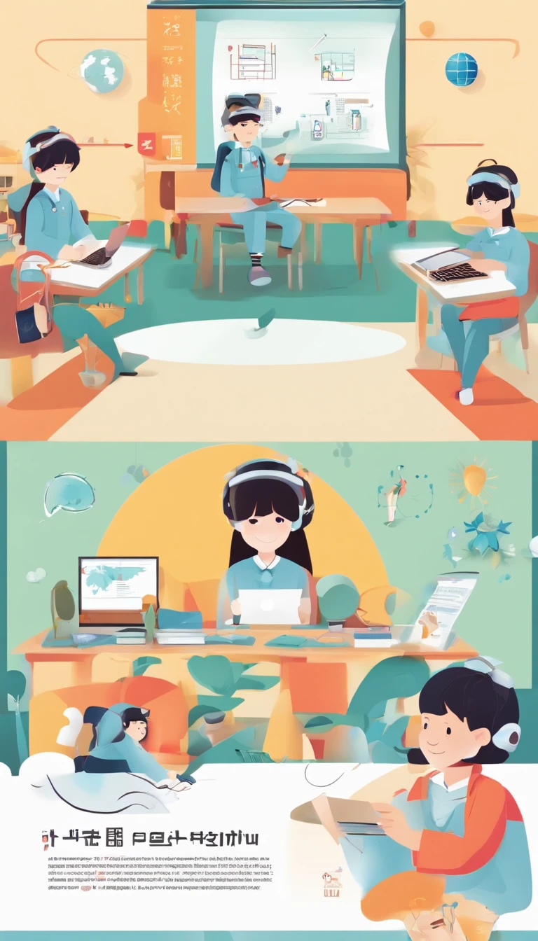 Depict a bright classroom，Full of technology atmosphere。Students in the classroom can use VR glasses for virtual reality learning，They can explore a variety of scenarios and knowledge in an immersive way。ao mesmo tempo，There are also students drawing cartoon characters，Show their creativity and artistic talent。Teachers are teaching students how to take pictures with their cameras，Develop their photography skills。Still others draw with brushes，Express your thoughts and feelings。ao mesmo tempo，There are also students exploring the inside of the classroom，Discover new knowledge and discoveries。There are even students operating drones to measure，Demonstrate the application and innovation of technology。The entire illustration can be laid out vertically，to highlight the faces and expressions of the characters，This illustration is suitable for commercial use，Can be used for education-related advertising、promotional materials, etc，Show the technology and innovation of modern education。