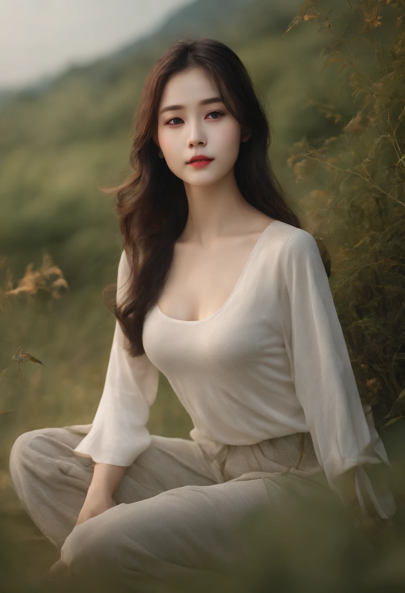 1 girl in、full body Esbian、A dark-haired、The long-haired、Shoulders exposed、Unclear、Detailed clothing、Yoga Pants、Unclear、Tank tops、(delicate illustration:1.4)、(​masterpiece:1.0)、(top-quality:1.4)、(超A high resolution:1.2)、(Photorealsitic:1.4)、(8K、Raw photography:1.2)、(softfocus:1.4)、(18year old:1.3)、(foco nítido:1.4)、detailed beautiful faces, lying in grass