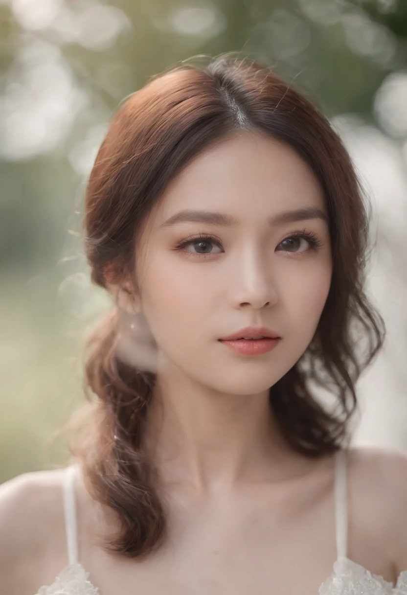 (Detailed and realistic portrait of a girl with a clean face),(Round eyes and long flowing hair were filmed outside),stares at the camera,Amazing photography,dramatic lighting,Foto realism,ultra - detailed, Intimate portrait composition,(centered image composition),(Close-up Shot Shot:1.6),best qualtiy,f / 1。bust, (28 years old Asian female), black_hair,(black_eyes:1.2),(Short curly hair in wool),putting makeup on,white_dress, (Hazy blue_sky_background)high-definition photography