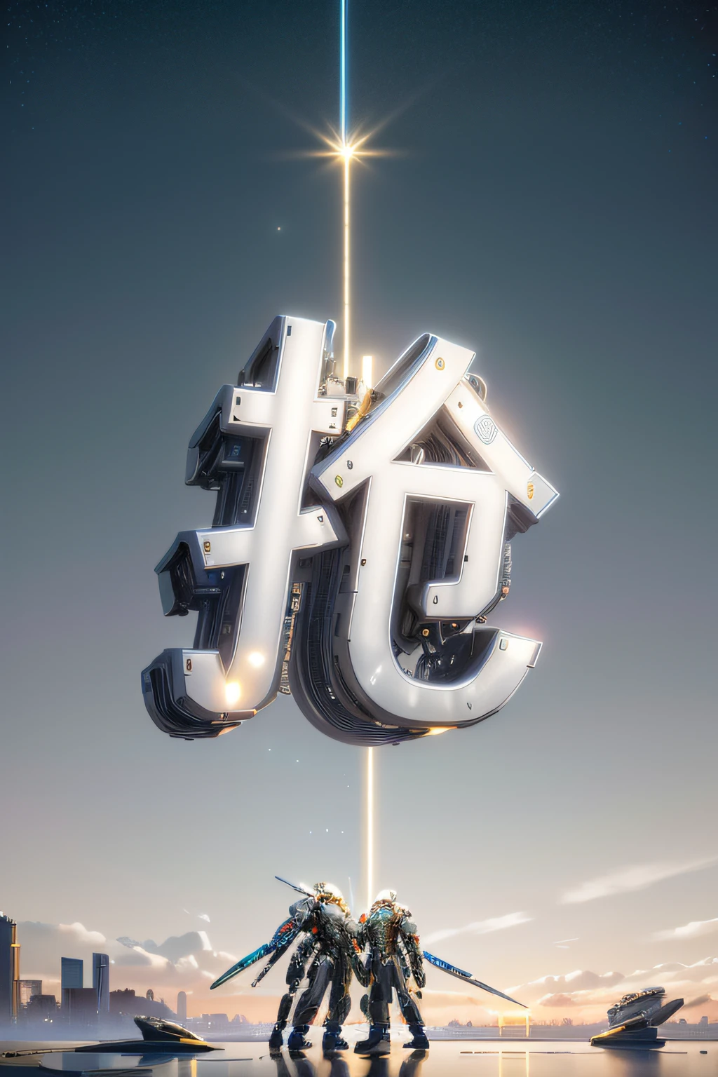 in white lettering，Masterpiece,Best quality,8K,Cinematic light,超高分辨率,Mecha,Science and Technology,In the future,Channel letters,。.。.3D,(Cyberpunk:1.2),(Machinery:1.2),Artificial intelligence,Mechanical draft,Starry background,Large-scale projects in China