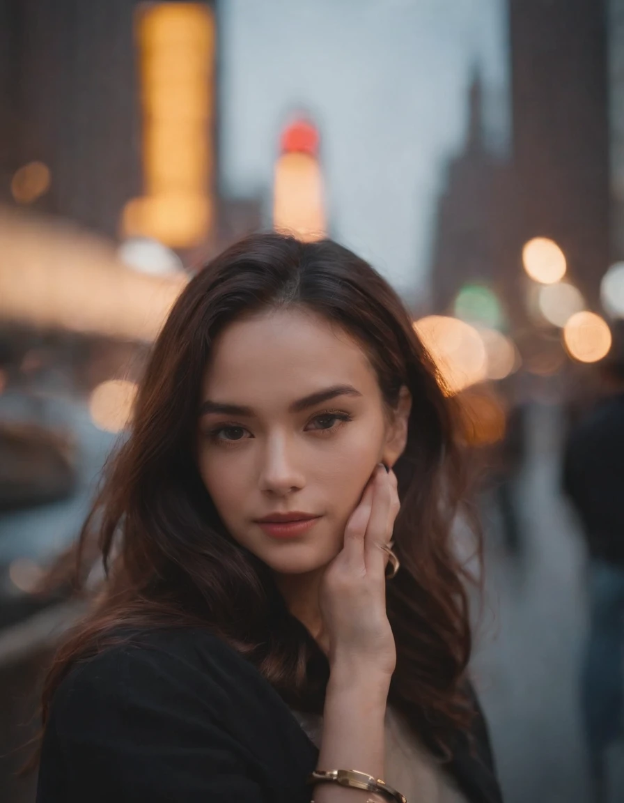 travellers, in the style of rap aesthetics, girl,New York, USA ,make for a memorable photo. The background is From the iconic skyline,photo taken with fujifilm superia, charly amani, oversized portraits, babycore, upper body