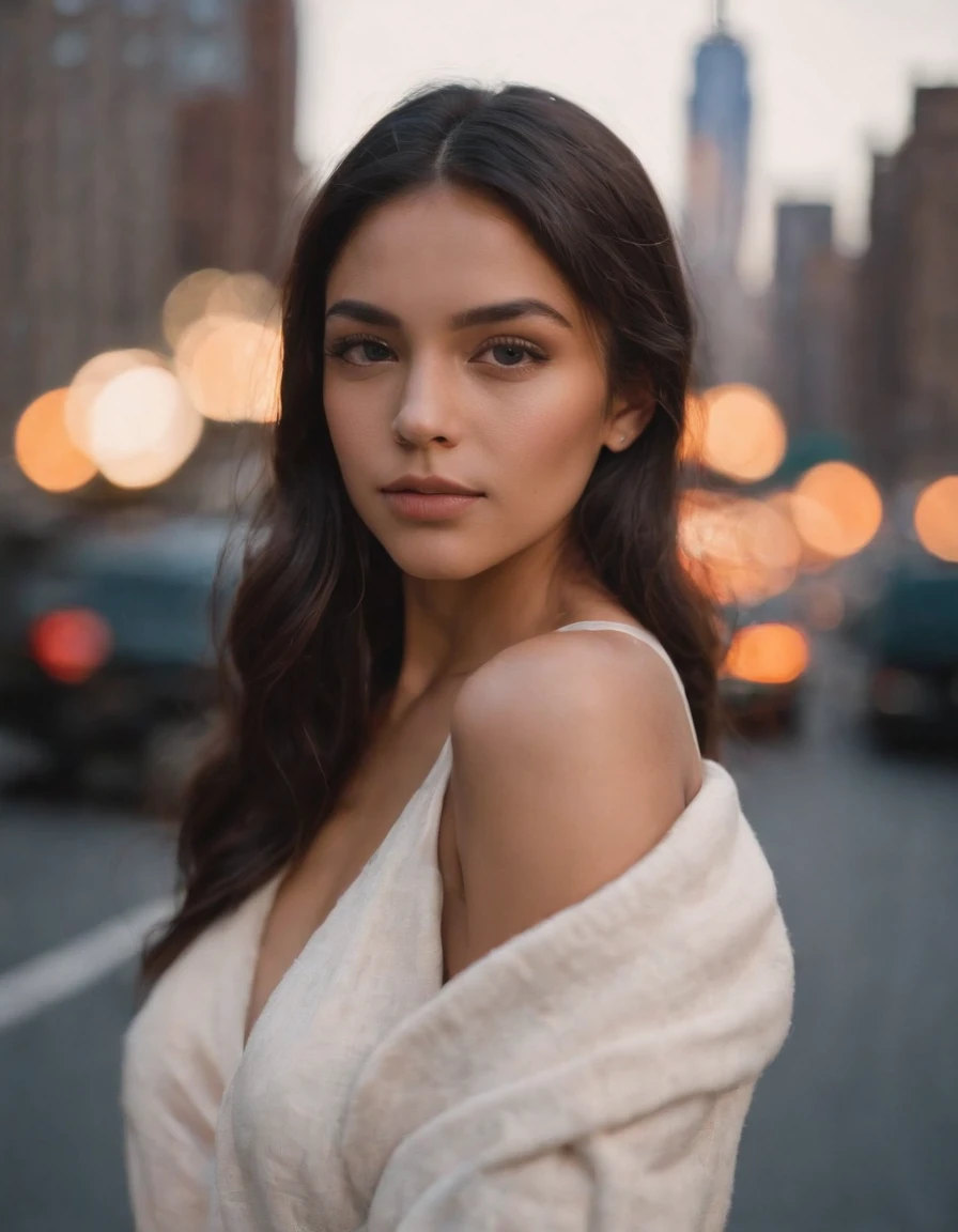 travellers, in the style of rap aesthetics, girl,New York, USA ,make for a memorable photo. The background is From the iconic skyline,photo taken with fujifilm superia, charly amani, oversized portraits, babycore, upper body