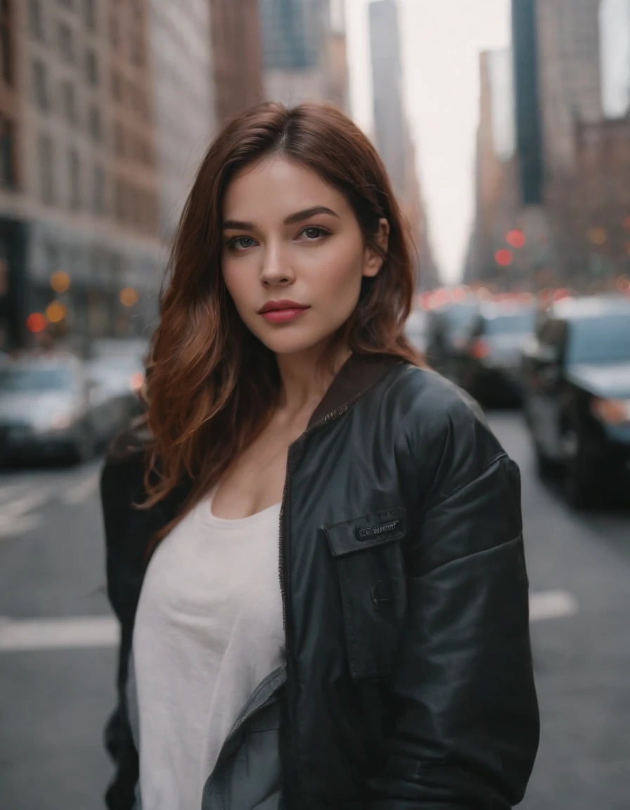 travellers, in the style of rap aesthetics, girl,New York, USA ,make for a memorable photo. The background is From the iconic skyline,photo taken with fujifilm superia, charly amani, oversized portraits, babycore, upper body