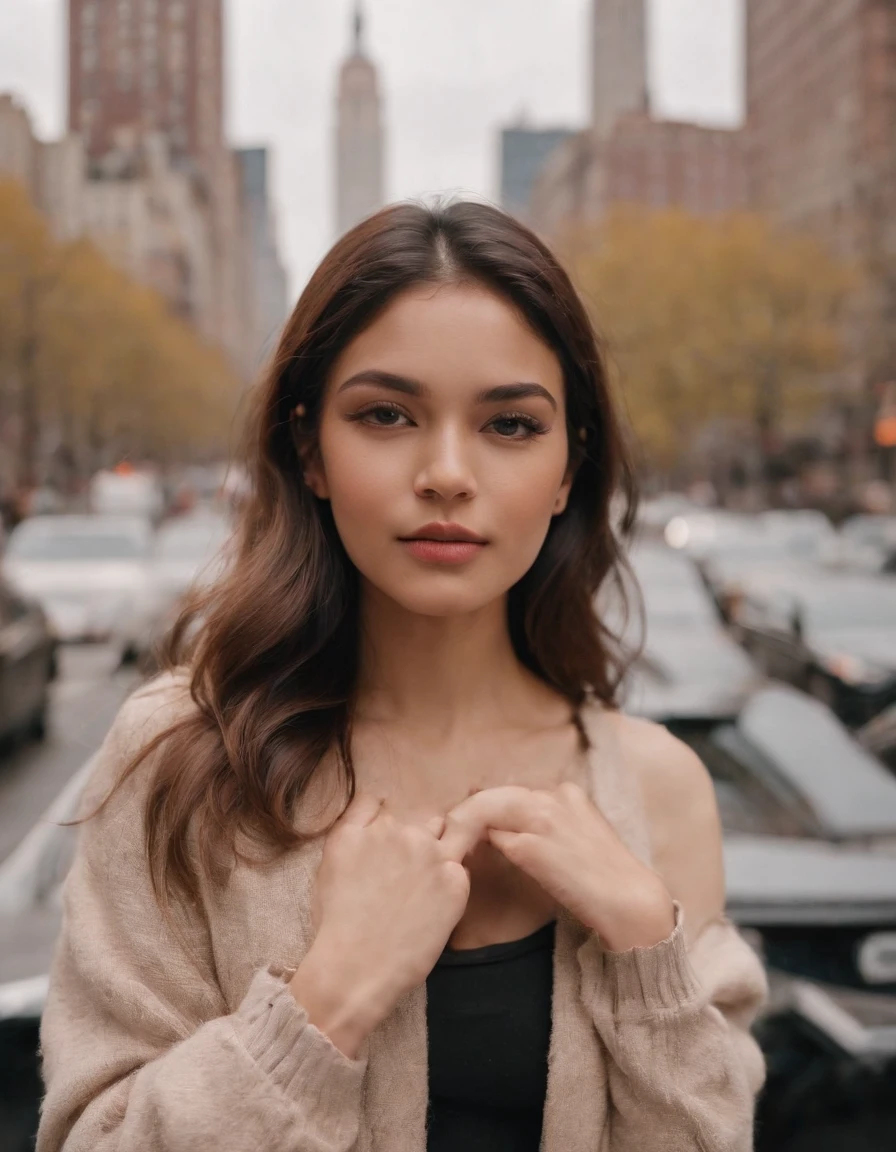 travellers, in the style of rap aesthetics, girl,New York, USA ,make for a memorable photo. The background is From the iconic skyline,photo taken with fujifilm superia, charly amani, oversized portraits, babycore, upper body