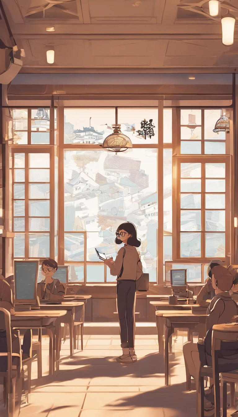 Depict a bright classroom,Full of technology atmosphere。Students in the classroom can use VR glasses for virtual reality learning,They can explore a variety of scenarios and knowledge in an immersive way。ao mesmo tempo,There are also students drawing cartoon characters,Show their creativity and artistic talent。Teachers are teaching students how to take pictures with their cameras,Develop their photography skills。Still others draw with brushes,Express your thoughts and feelings。ao mesmo tempo,There are also students exploring the inside of the classroom,Discover new knowledge and discoveries。There are even students operating drones to measure,Demonstrate the application and innovation of technology。The entire illustration can be laid out vertically,to highlight the faces and expressions of the characters,This illustration is suitable for commercial use,Can be used for education-related advertising、promotional materials, etc,Show the technology and innovation of modern education。