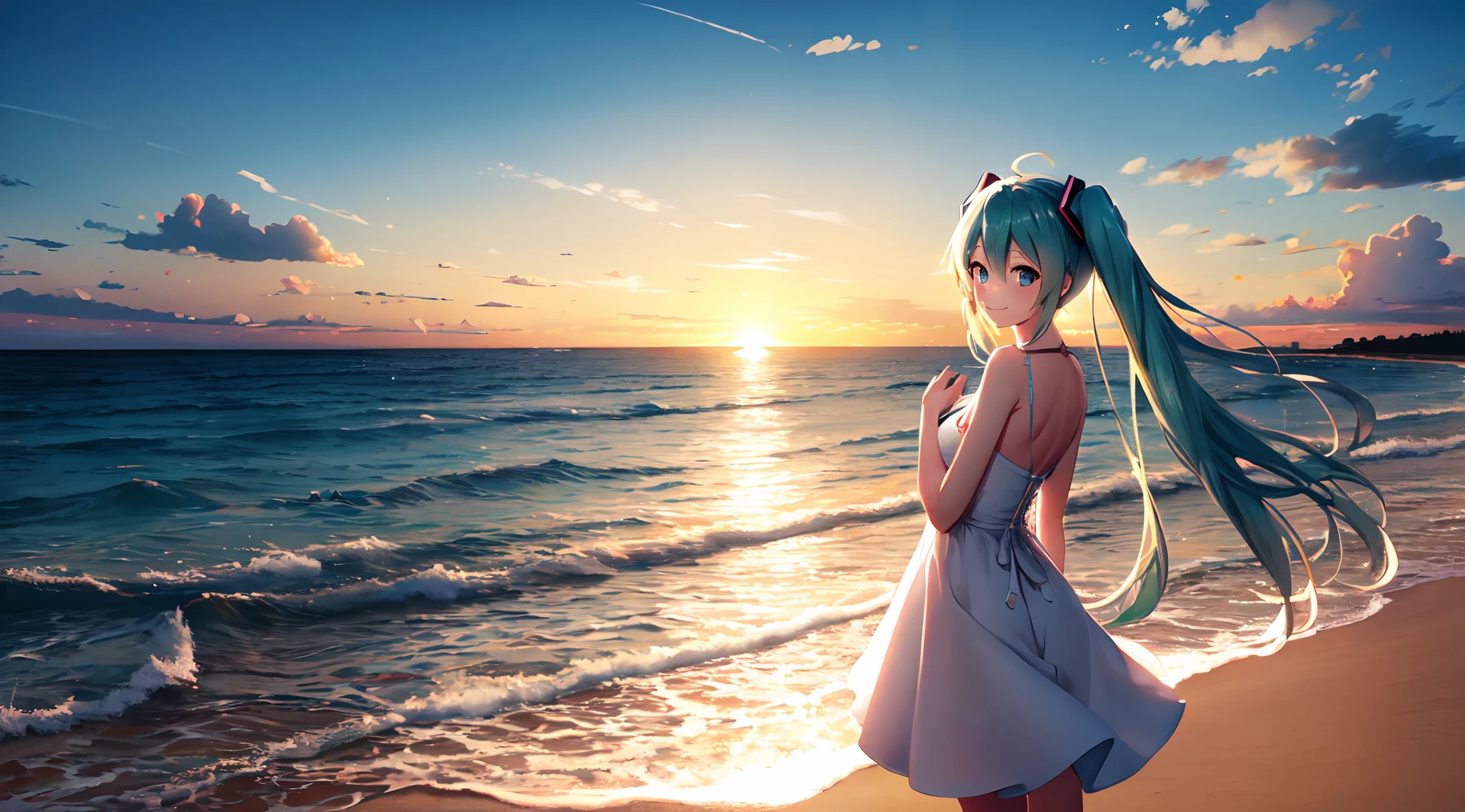 Mature Hatsune Miku on the beach, sunset, pretty, modern, white dress, masterpiece, smile