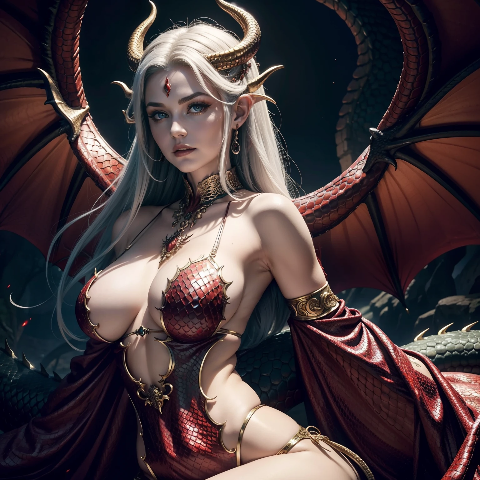 Sie ist eine Drachenfrau, 28 Jahre alt, bare breasts, lange rote Haare, lange, winding horns on the head, She has dragon scales on her body, (Red dragon scales cover the body except the breasts), He has outstretched dragon wings, hohe Details, Drachenschwanz, (bare breasts), (bare breasts), (kleine Nippel), round breasts