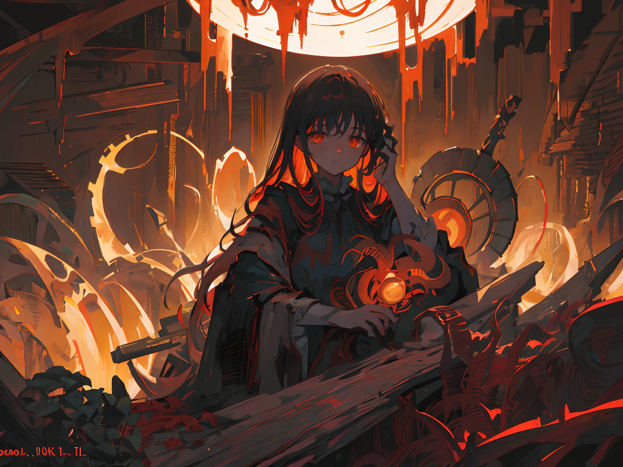 evil female character surrounded by fire, (official art,unity 8k wallpaper,ultra detailed,High quality,best quality), (zentangle, mandala, tangle, entangle:0.8),(red, black),(flat color:0.6),limited palette,low contrast,(1evil character:1.2),solo,serafuku,long straight black hair,(lycoris flower:1.3),(goat skull:1.1),(horror),(gloomy),blood,(gasmask:1.2),