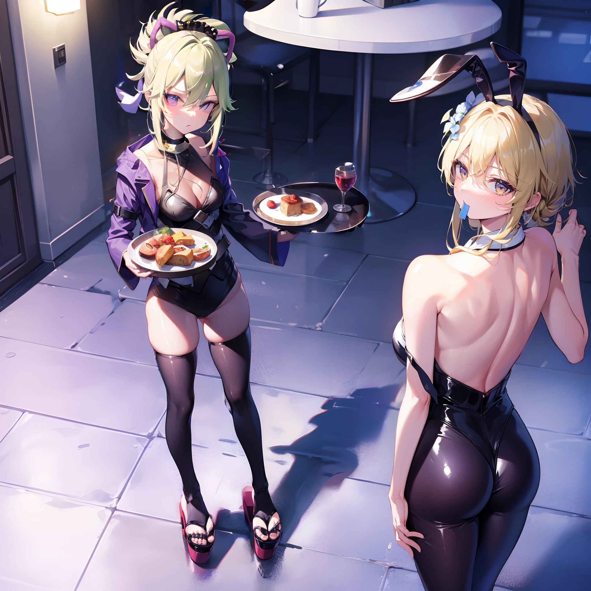 Arm is down by her side