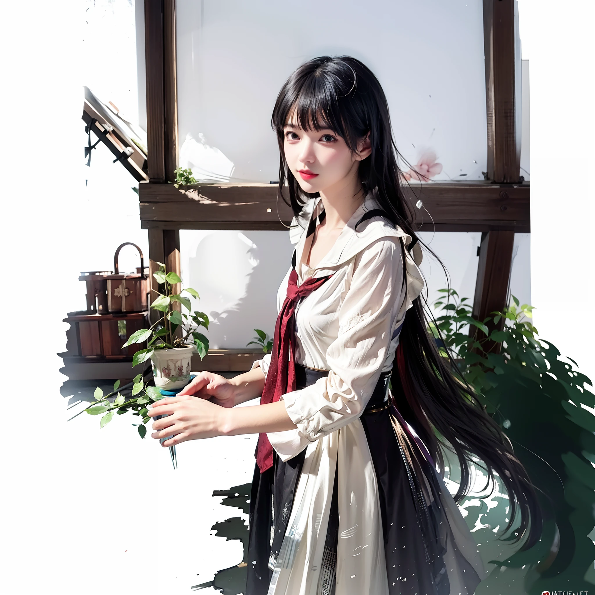 animesque,watercolor paiting,painterly,Art styles,(White background:1.4), original,(illustratio:1.1),(top-quality),(​masterpiece:1.1), (colourfull:0.9),(medium shot:1.4),The upper part of the body, Clear Sharp Focus,Indoors, Look at viewers,((Beautiful fece)), Clean face,brown haired,black eyes,inpainting,
