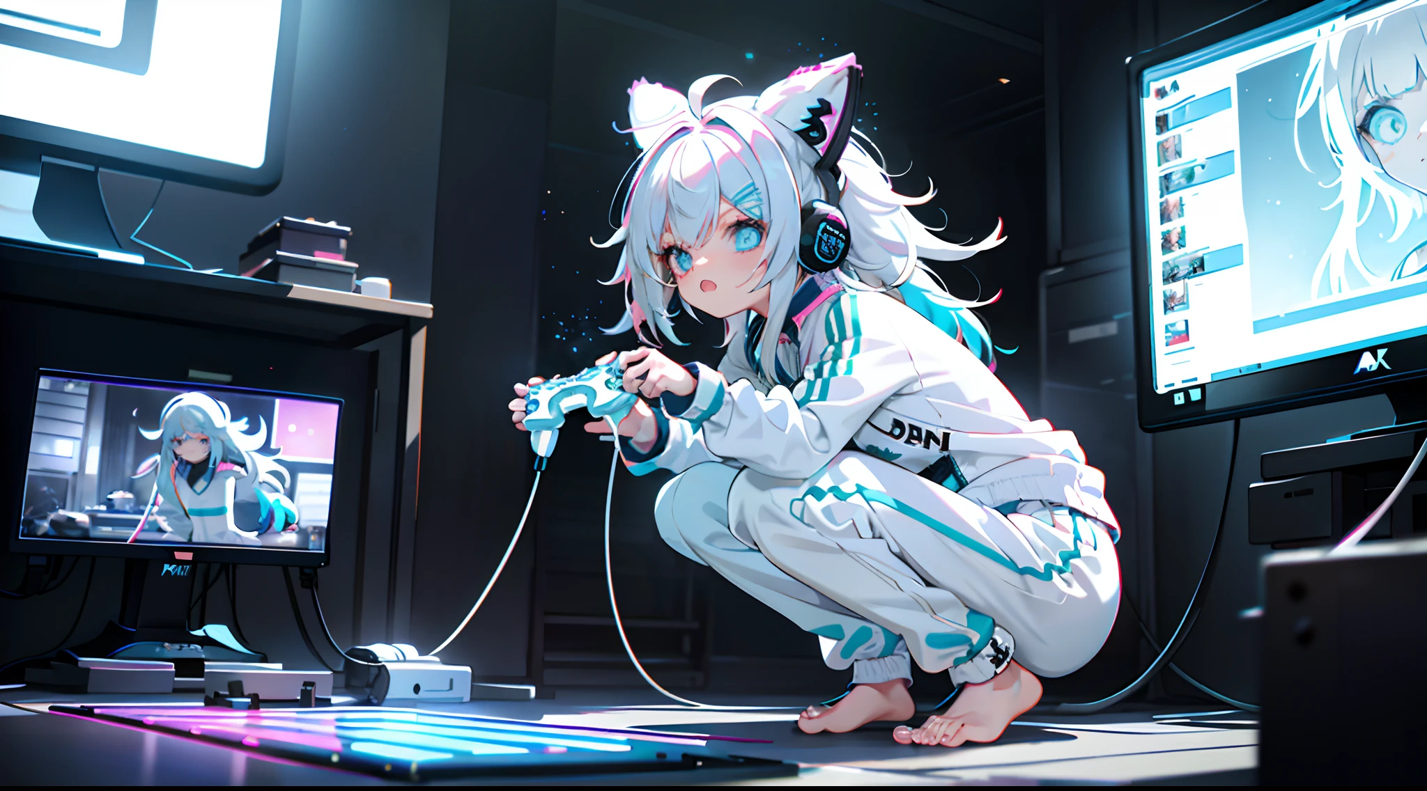 masutepiece, Best Quality, Colorful, Teenager with white hair, (((messy hair style))), 1 girl, Light blue slanted eyes, tusk, Touching the translucent panel, In dark voids filled with small strong light particles, ((((White tracksuit, White shorts, Barefoot)))), Playing games, (((holding game controller, game pad))), (((squat))), streamer, Many computer screens, Monitors, ciber, Dramatic viewing angles, Dynamic Pose, (Close-up of face focus:1.2), wearing cat ear headphones, Contrasty, color combination, Bright, depth of fields, High resolution, high intricate detailed, Dramatic shadows, Global Illumination