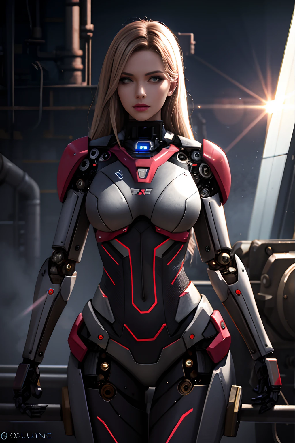 Female mechanical sensation,Raised sexy,On the industrial base,True mechanical texture,tmasterpiece,best qualtiy,cinematic colorgrade,high qulity,k hd,High-quality textures,High-quality shadows,high detal,realisticlying,cinematric light,Sideslit,lens flare glow,Fiber tracing,Sharp focus