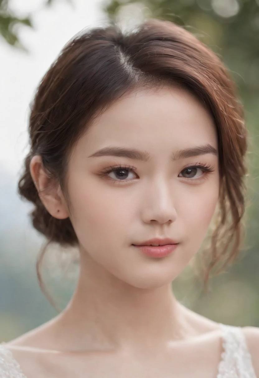 (Detailed and realistic portrait of a girl with a clean face),Delicate skin texture,stares at the camera,Amazing photography,dramatic lighting,Foto realism,ultra - detailed, Intimate portrait composition,(centered image composition),(Close-up Shot Shot:1.6),best qualtiy,f / 1。bust, (28 years old Asian female), black_hair,(black_eyes:1.2),(Short curly hair in wool),putting makeup on,white_dress, (Hazy blue_sky_background)HD photography bokeh,Depth of field Macro