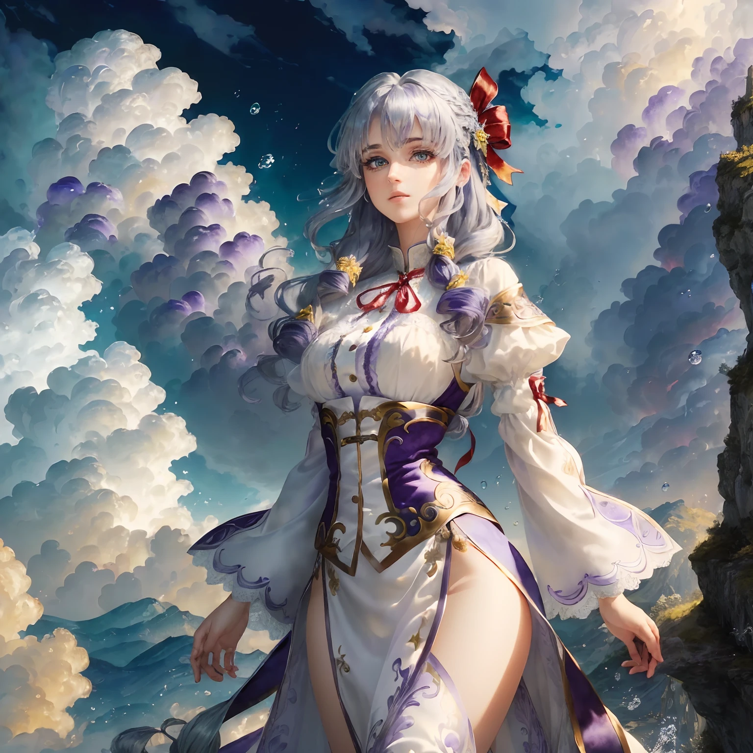 (masterpiece, high quality illustrations, ultra-detailed CG art, stunning 8k wallpaper), dynamic angle, dynamic pose, beautiful woman, (silver hair, purple hair, blue hair, green hair, yellow hair:1.3, red hair:1.2), blue eyes, exquisite white wuxia outfit with neck ribbon, atmospheric water droplets, clouds, twilight, wide shot, watercolor.