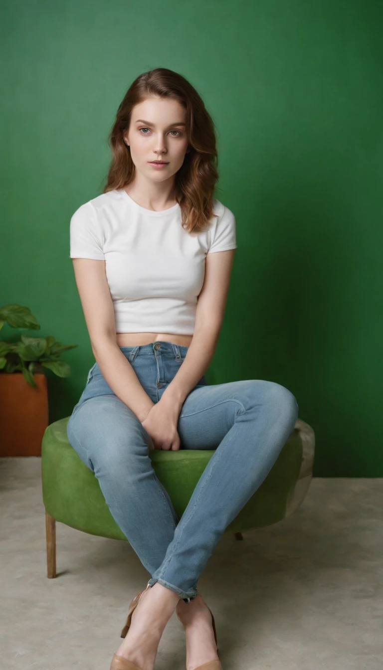 young girl in jeans sitting on a green television by maryann coady, in the style of sean scully, mary jane ansell, genderless, photo taken with fujifilm superia, bold curves, light white and white, industrial chic,upper body